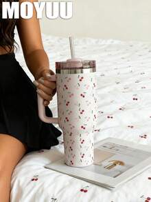 1pc Cute Cherry, 1200ml (40oz) Large Capacity Handled Tumbler, Insulated Mug, Travel Mug, Stainless Steel Vacuum Insulated Cup, Suitable For Travel, School, Office, Outdoor, Gym, Home, Valentine's Day, Holiday, Birthday Gift (With Straw) - Multicolor - View 5