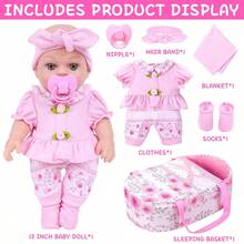 Bộ búp bê dễ thương cao khoảng 30cm (Búp bê + Trang phục + Băng đô + Núm vú giả + Nôi + Yếm + Vớ), Thích hợp làm quà tặng sinh nhật cho bé trai và bé gái, đồ chơi hóa trang. - Nhiều màu - Xem 2