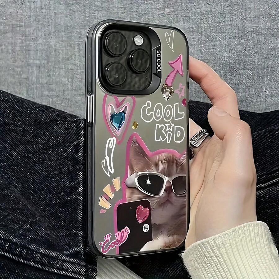 1个黑色活力IMD可爱猫咪和爱心字母图案手机壳，兼容 16 Pro Max、17/16/15/14 Plus、13/12/11及系列 - 彩色 - 查看 1