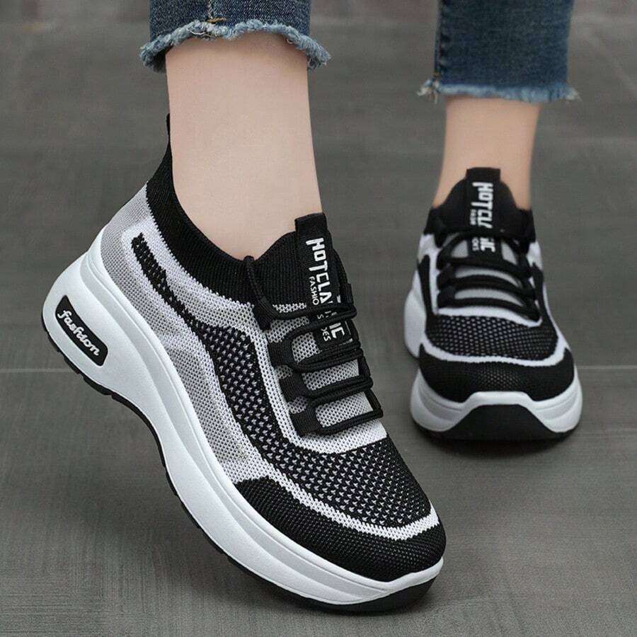 Women's Athletic Shoes, Available In Plus Sizes, Slip-On Design, Lightweight And Breathable Mesh Upper, Slip-Resistant And Shock-Absorbing, Machine Washable, Sporty Style, Tennis Shoes, Perfect For Everyday Wear, Running, Fitness, Travel, And Shopping, Making A Great Women's Day And Mother's Day Gift. - 黑色 - 查看 1