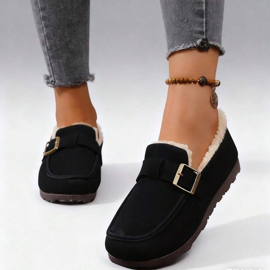 Women's Loafers, Women's Ankle Boots, Stylish And Versatile, Slip-On Design, Fleece Lining, Warm And Non-Slip, Comfortable, Durable And Stain-Resistant, Machine Washable, Suitable For Shopping, Outings, Dates, And Walks. A Winter Essential, Perfect As A Valentine's Day Gift, The Top Choice For Your Girlfriend. - 黑色 - 查看 1