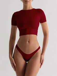 Red High Elasticity Cropped Tight Fit Casual Sports Tee, Basic Vacation T-Shirt For Women, Valentine's Day Summer - Burgundy - View 4