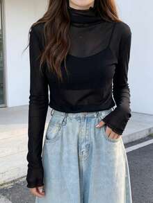 休闲生菜下摆透明高领无袖衬衫，适合春夏季 - 黑色 - 查看 2