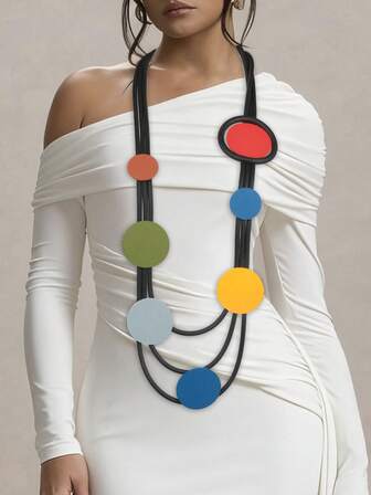 MARLIWOO 1pc Fashionable Colorful Geometric Handmade Exaggerated Multi-Layer String Necklace Accessory For Women, Party Wear
