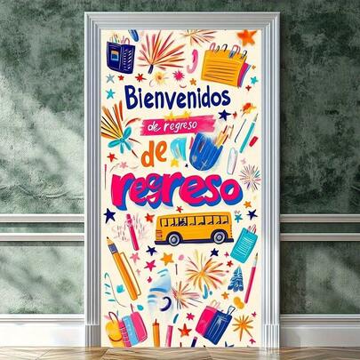 2Dflat, 1pc Vivid Back To School Door Sign - Colorful Polyester Porch Sign With Bus, Pencil And Snowflake Design For Welcome And Daily Decoration, School Decoration