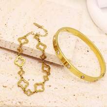 18K Gold Plated Stainless Steel Four-Leaf Clover Textured Bracelet Set, Luxury Fashion Style, Suitable For Women's Daily Wear Or Holiday Gifts - Gold - View 3