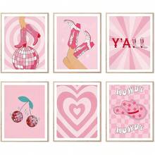 6件套粉色时尚学院风海报套装，包含女士牛仔靴、迪斯科球欢乐时光等元素，适用于卧室、宿舍等场所，粉色系装饰海报（不含框）。 - 粉色 - 查看 1