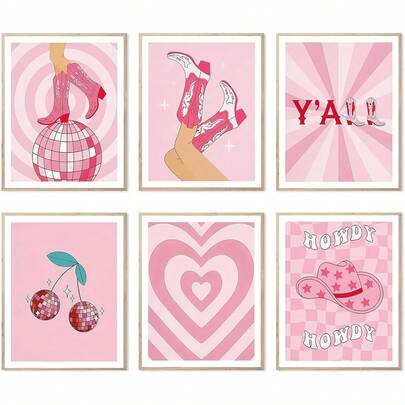 6件套粉色时尚学院风海报套装，包含女士牛仔靴、迪斯科球欢乐时光等元素，适用于卧室、宿舍等场所，粉色系装饰海报（不含框）。