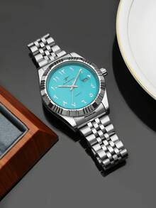 1 pieza Reloj de acero con banda clásica de cuarzo RICECGO para hombres con pantalla de calendario, adecuado para uso diario, reuniones de negocios, de alta gama y exquisito, un gran regalo - Plateado - Ver 5
