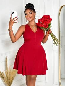 Vestido mini plisado con botones en la cintura, de tela elástica, en unicolor, para mujer de talla grande. Adecuado para primavera, verano, otoño e invierno. Elegante, juvenil y versátil, apropiado para compras diarias, festivales y uso diario. - Rojo - Ver 6