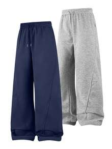 男士纯色抽绳腰带口袋宽松休闲运动裤，灰色宽松版型运动裤 - 藏蓝色 - 查看 9