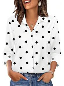 Womens Button Down Shirts Long Sleeve Tops Silk Satin Blouses Business Casual Fashion Outfit - 黑色 - 查看 7