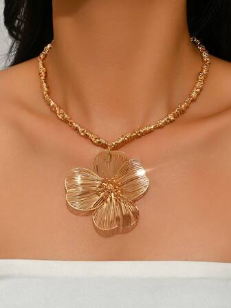 1件优雅合金螺旋杆大花朵吊坠项链，时尚女士饰品，适合派对、度假、情人节和感恩节等节日佩戴，全年皆可佩戴