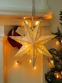 1/3 Decoraciones de araña de papel con forma de estrella - Diseño elegante calado, luz cálida, adecuado para el hogar, dormitorio, boda y decoraciones navideñas, sin baterías ni alimentación requerida, decoración de boda, farolillo de papel decorativo, sin alimentación requerida, para iluminación decorativa, bombilla no incluida, lámpara con forma de estrella calada, adecuada para decoraciones de Eid y Ramadán, Feliz Eid, suministros para fiestas festivas, regalo de Eid, decoración navideña, colgante de estrella - Blanco - Ver 12