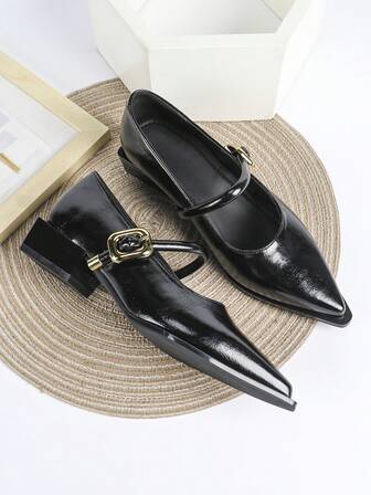 Women's Black High Heel Pumps, Chunky Heel, Strap Buckle Closure, Pointed Toe, Formal Work Shoes, Mary Jane Shoes
