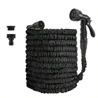 Manguera de agua mágica expandible con 7 modos de rociado, función de lavado de autos de alta presión - Perfecto para el jardín, el césped y la limpieza al aire libre. Negro, diseño minimalista moderno, ideal para bañar perros y limpieza al aire libre, accesorio esencial para el aseo de mascotas. Boquilla ajustable.