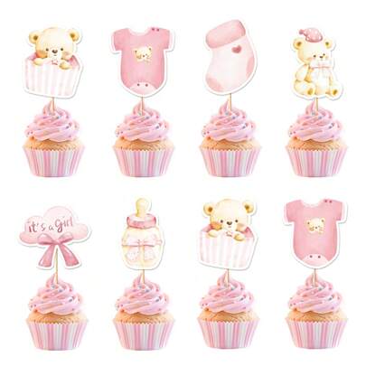24pcs Teddy Bear Theme Cupcake Decorations | Pink It'S A Girl Baby Shower Party Decorations, Suitable For Baby Shower And Baby Welcome Party
