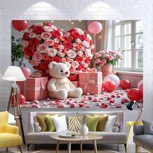 1件浪漫背景布，背景图案为大爱心和泰迪熊礼盒，高清印花涤纶面料，适用于情人节主题派对、庭院、婚礼、告白日、卧室、家居墙面装饰和摄影用品。 - 彩色 - 查看 5