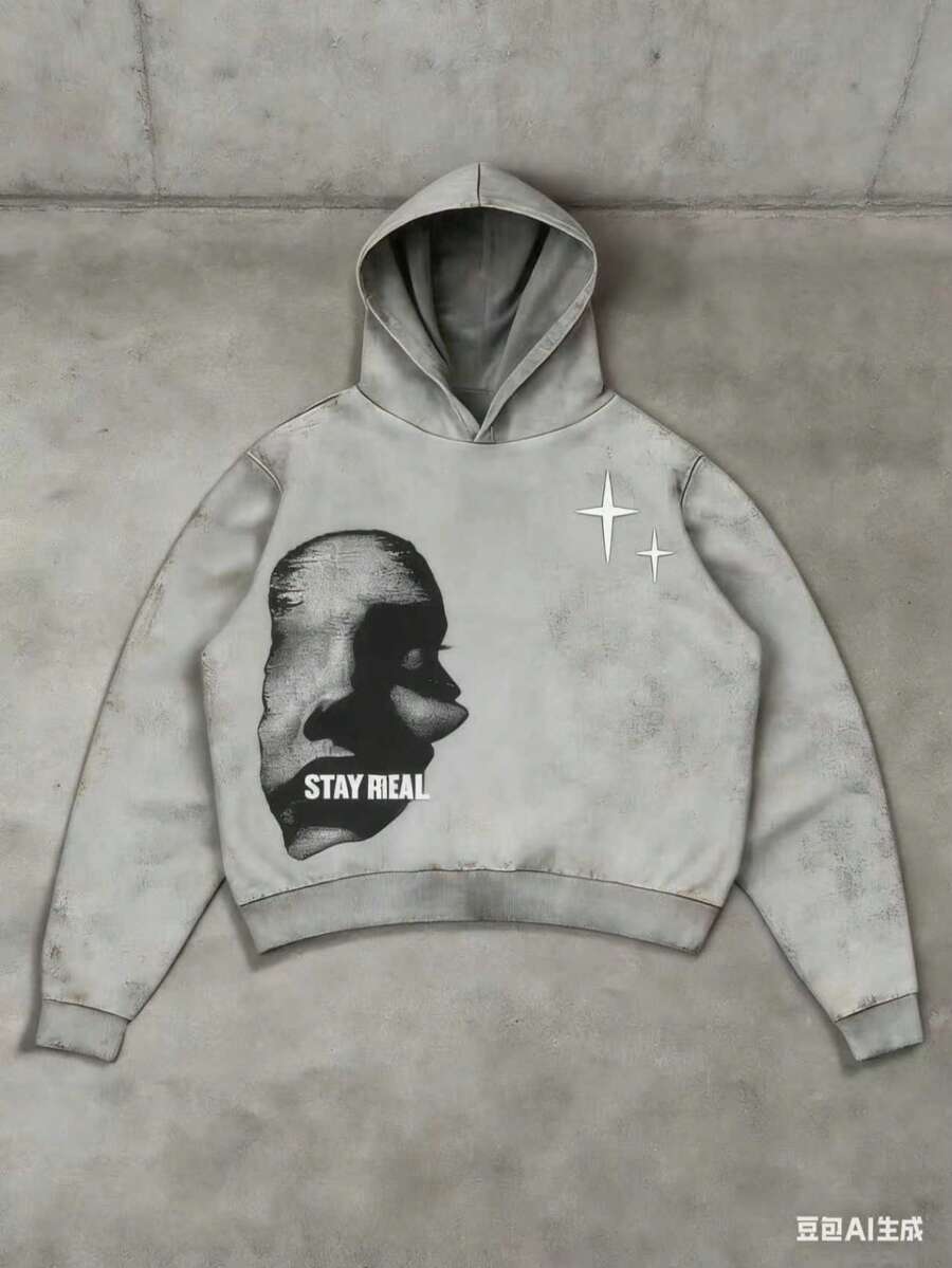 Manfinity Streetrush Men's Face & Letter Print , Casual Minimalist Graphic Streetwear Pullover Sweatshirt 2026,Unisex, Comfortable, And Casual - 灰色 - 查看 1