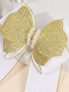 2pcs Delicate White & Gold Ribbed Hair Bows For Girls - Glitter Gold Bow & Pearl Trim Hair Clips ,Alligator Clips ,Kids Teens Hair Barrettes , Luxe Gentle Daily Hair Accessories - Multicolor - View 7