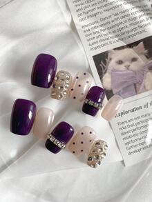 10PCS Press On Nails, Purple & Pastel Pink Rhinestone Design, Reusable Fake Nails For Party/Wedding, 4-Season Waterproof & Shiny Manicure,Valentine Nails,Purple Nails,Includes Jelly Gel And Nail File - Violet Purple - View 5