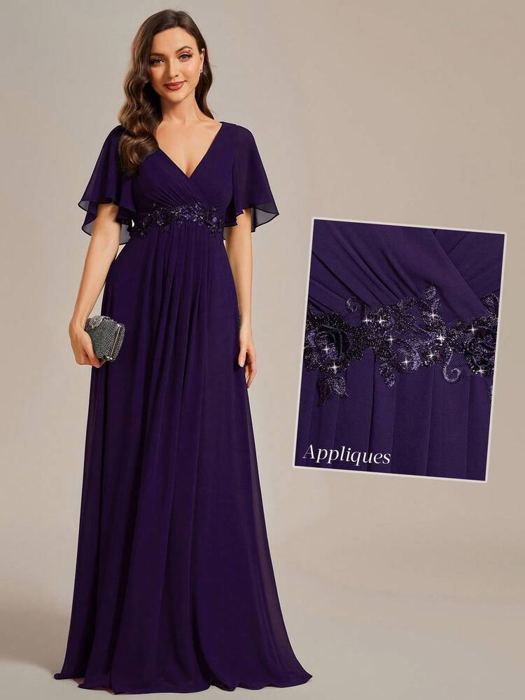 V-Neck Embroidered Ruffle Sleeve Pleated Chiffon Bridesmaid Dress, Formal Dress, Wedding Guest Dress - Purple - View 7