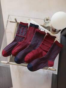 5 Pairs Angora Red Cuffed Mid-Calf Women's Socks, Polka Dot Pattern, Versatile Japanese Style, Random Delivery