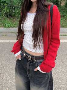 Casual Button-Up Knit Cardigan, Korean Style - Red - View 7