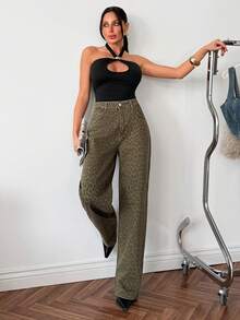 Blugi de damă cu imprimeu leopard, verde militar, neelastici, cu talie înaltă, cu picior larg, pentru stil casual - Verde Armată - Vizualizare 3