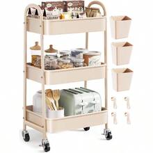 3 Tier Rolling Cart Metal With Wheels, Heavy Duty White Three Tiered Cart Organizer On Wheels, Utility Roller Storage Carts Art, Nursery, Diaper Caddy, Snack, Book, Nail, Cleaning Supplies - 淺米色 + 三層 + 杯子 + 掛鉤 - 查看 2