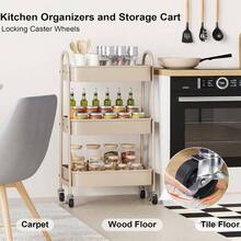 3 Tier Rolling Cart Metal With Wheels, Heavy Duty White Three Tiered Cart Organizer On Wheels, Utility Roller Storage Carts Art, Nursery, Diaper Caddy, Snack, Book, Nail, Cleaning Supplies - 淺米色 + 三層 + 杯子 + 掛鉤 - 查看 7