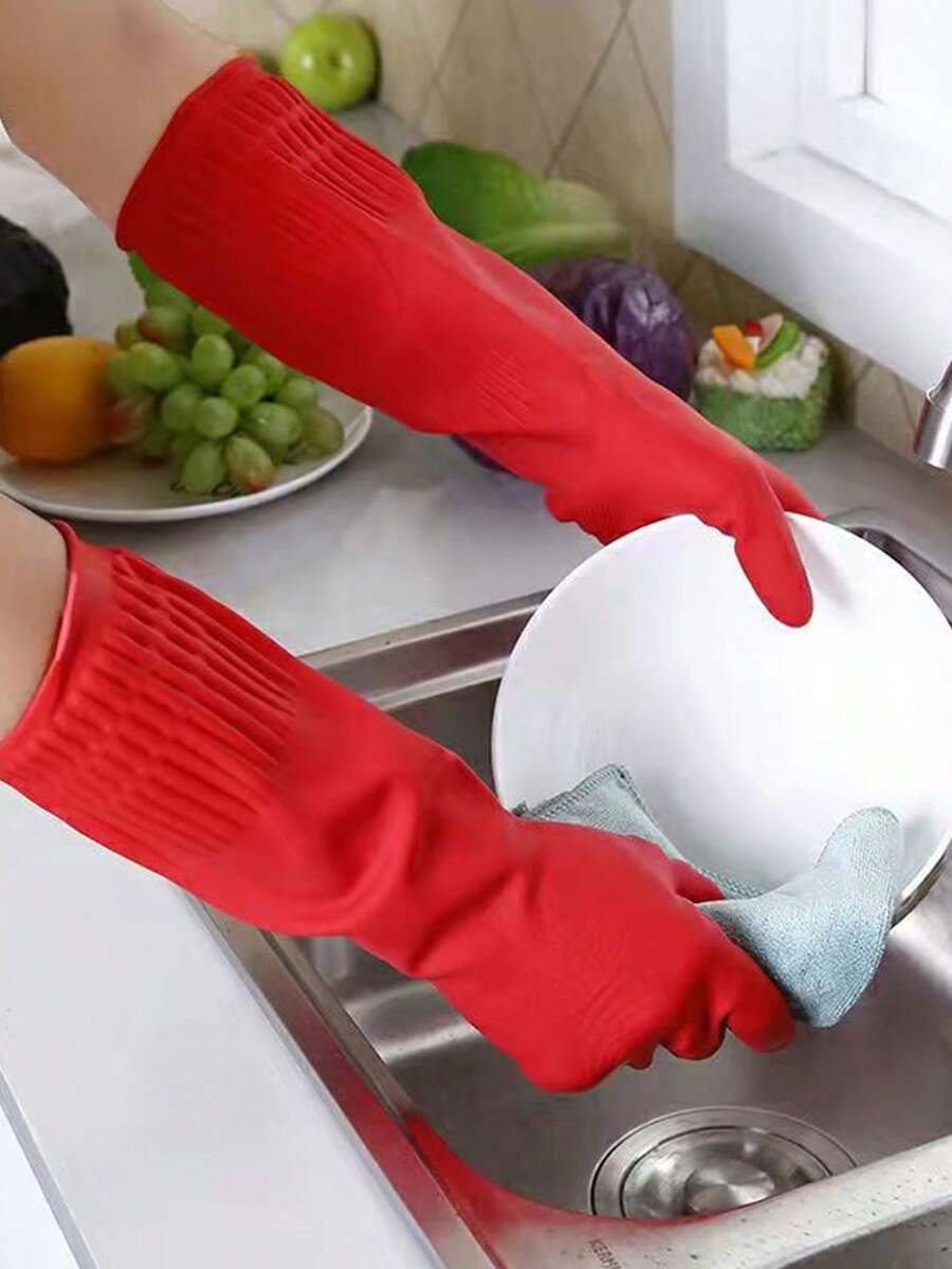 Household Dishwashing Gloves, Kitchen Latex Gloves, Extra Long Rubber Waterproof Cleaning Gloves For Home Use - Red - View 1