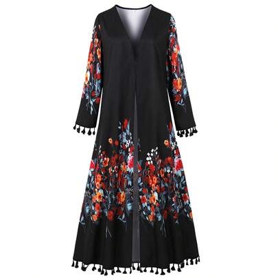 一件印花梭织流苏开衫连衣裙，适合海滩、节日、度假，也适合斋月、春秋季穿着。