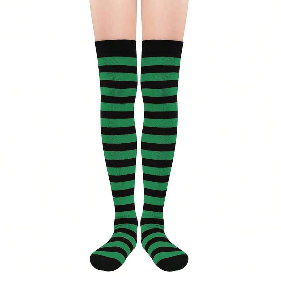 Zando Womens Thigh High Socks Striped High Knee Socks Knee High Socks For Cosplay Long Socks Over The Knee Leg Warmers,OneSize,GreenBlack - 綠黑 - 查看 1