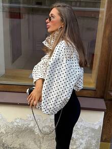 女士秋季拉链短款外套，时尚长袖大衣，短款夹克，秋冬服装，波点外套，高领学院风半季街头风法式大衣 - 黑與白 - 查看 11