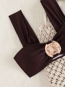 女士纯色露背沙滩比基尼套装 - 棕色 - 查看 6