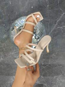 Women's Apricot Square Toe Slip-On Sandals, Fashionable Thin Strap Thin Heel Casual Elegant Lady Daily Minimalist Versatile High Heels - Apricot - View 2