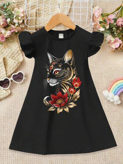 Flickklänning med blommigt katttryck, mellanlång klänning, avslappnad minimalistisk stil, volangärmar, söta och eleganta barnkläder, lämplig för vår och sommar