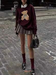 Women's Elegant Sweatshirt With Embroidered Bear Design, Wine Color, Casual Drop Shoulder Crew Neck Long Sleeve Pullover For Autumn/Winter - Red - View 3