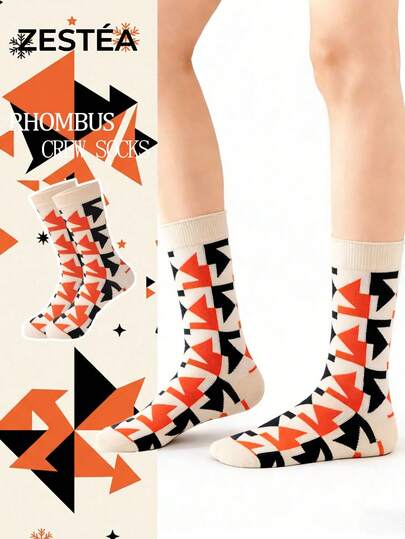 1 Pair Women's Fashion Argyle Pattern Themed (Orange & Black Geometric Color Block Design) Contrast Color Moisture-Wicking Soft Comfortable Mid-Calf Socks, Stylish For Daily Wear, Also A Holiday Gift For Women, Girlfriends, Sisters, Suitable For Halloween, Christmas, Casual Matching, Warm For Autumn/Winter