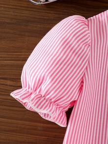 2pcs Baby Girl Fashion Sweet Outfit, Featuring Multiple 3D Bow Decor, Pink & White Striped Ruffle Collar Lantern Sleeve Casual Shirt Top And 3D Bow Decor Frayed Waist Elastic Waist Denim Shorts Set - Pink - View 5