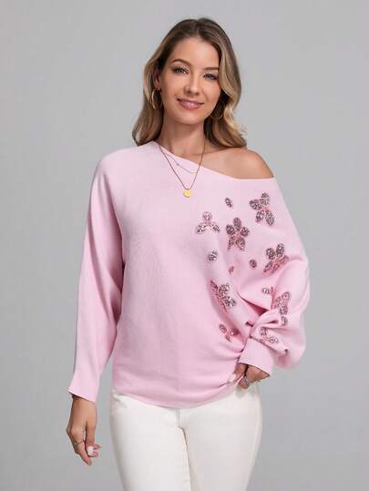 Suéter holgado de punto con mangas de murciélago, decorado con parches, lentejuelas y cuentas, estilo casual de vacaciones para mujer, otoño/invierno