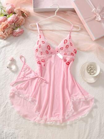 Pink Contrast Lip Print Sexy Nightgown, Women's Semi-Sheer Lingerie, Lace Trim Asymmetrical Hem Design Evening Dress, With G-String