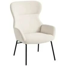 Poltrona estofada moderna estilo wingback, encosto alto, estofamento espesso, pés de aço, branco creme - Bege - Ver 4