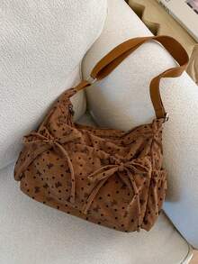 时尚蝴蝶结印花女士单肩包，休闲百搭单肩包，配有蝴蝶结抽绳，多口袋轻便可折叠拉链封口，可调节长肩带，适合日常使用、学生/大学生，简约可爱褶皱条纹前袋布包 - 彩色 - 查看 13