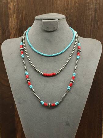 3件套复古西部风格串珠项链，镶嵌绿松石和红玉髓，多层波西米亚风项链，可调节长度，CCB串珠首饰，锌合金材质，适合日常和度假场合佩戴。