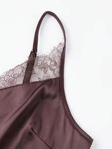 Satin Lace Long Tank Tops For Women Square Neck Silk Camisole Tops Spaghetti Strap Lace Trim Cami Tunic Undershirts - Brown - View 4