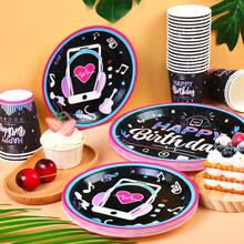 音乐主题生日快乐一次性餐具套装，7/9英寸派对餐盘，一次性纸盘和纸杯，适用于节日、婚礼、订婚、生日、派对、庆典、婚礼派对用品 - 彩色 - 查看 3