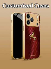 1pc Customizable Text, Luxury Rhombus Texture Gold Horse Design Tempered Glass Material Phone Case Compatible With IPhone 17 Air/16 ProMax/15 Pro/14 Plus/13 Pro/12 Pro Max/11/Xs Max/8/7/6 Plus, S24 Ultra/S25 Ultra/A12, Elegant Minimalist Creative Personalized Protective Cover, Gift - Gold - View 3