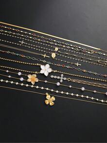 17KM 8pcs/4pcs/3pcs Fashion Simple Vintage Coin, Faux Pearl, Faux Shell, Flower, Heart Multi-Element Pendant Necklace Set, Y-Necklace, Multi-Layer Necklace For Women, Couples, Sisters, Vacation, Date, Daily, Party, Wedding, Valentine's Day Gift For Girlfriend, Friends - Multicolor - View 3